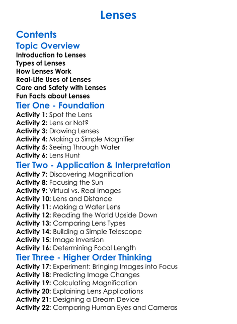 Lenses Worksheet Activity Booklet