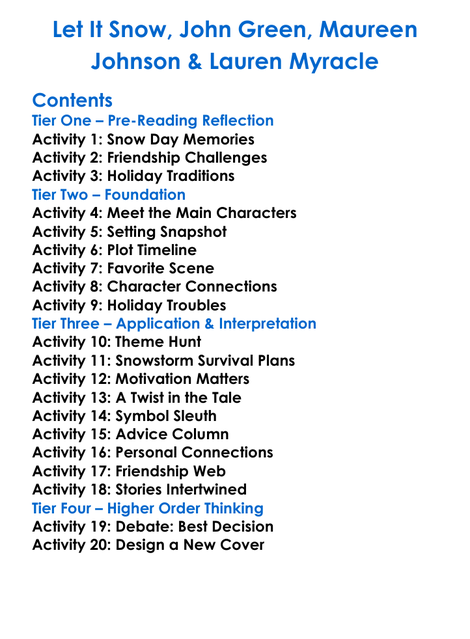 Let It Snow John Green Maureen Johnson Lauren Myracle Worksheet Activity Booklet