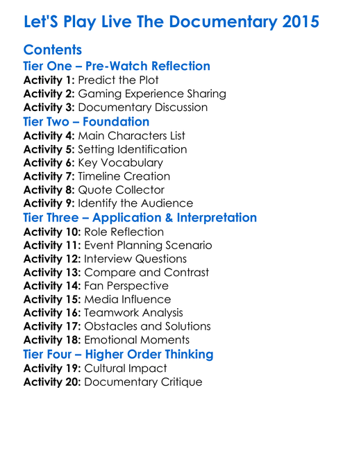 Lets Play Live The Documentary 2015 Worksheet Activity Booklet
