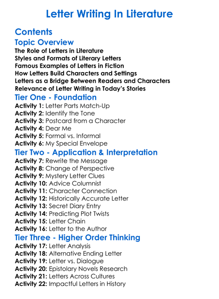 Letter Writing In Literature Worksheet Activity Booklet
