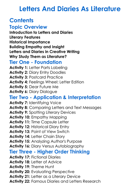 Letters And Diaries As Literature Worksheet Activity Booklet