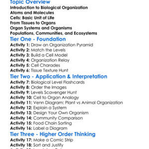 Levels Of Biological Organization Worksheet Activity Booklet