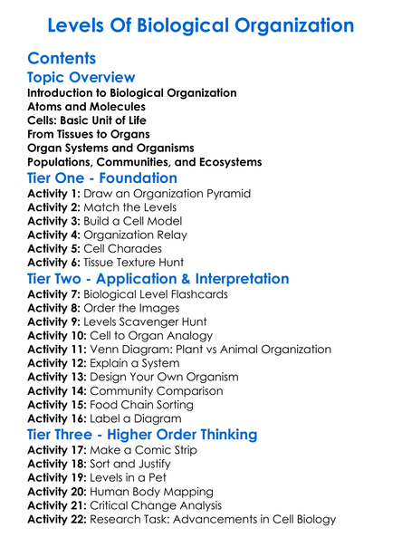 Levels Of Biological Organization Worksheet Activity Booklet