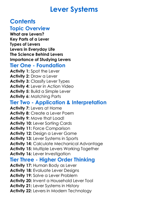 Lever Systems Worksheet Activity Booklet