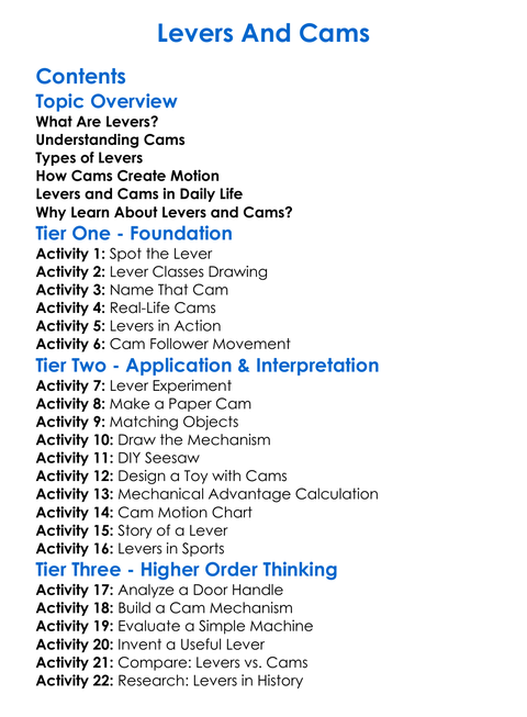 Levers And Cams Worksheet Activity Booklet