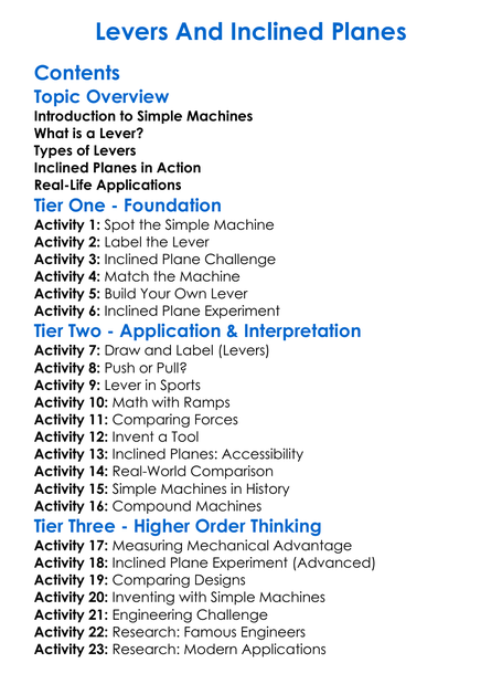 Levers And Inclined Planes Worksheet Activity Booklet