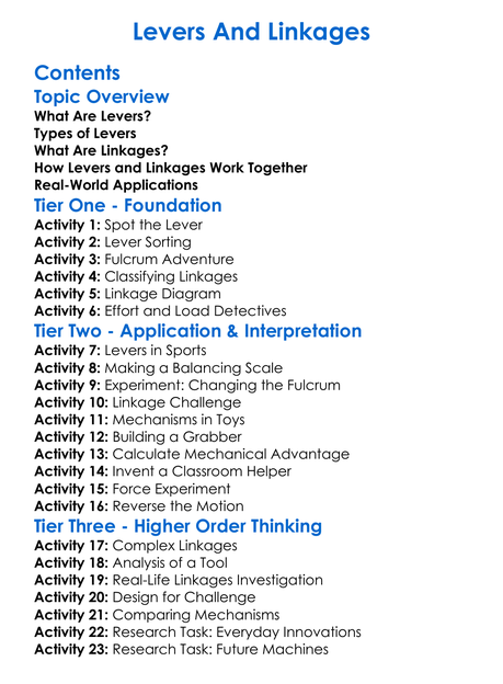 Levers And Linkages Worksheet Activity Booklet