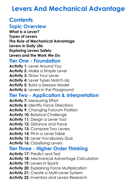 Levers And Mechanical Advantage Worksheet Activity Booklet