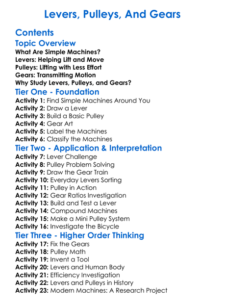 Levers Pulleys And Gears Worksheet Activity Booklet
