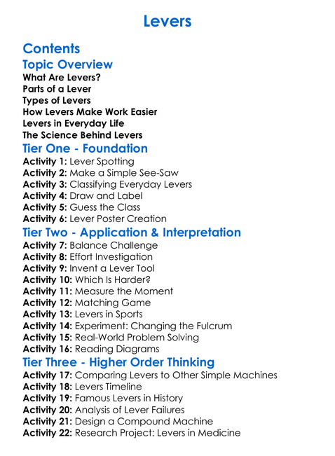 Levers Worksheet Activity Booklet