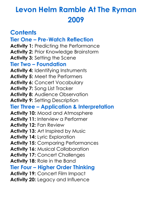 Levon Helm Ramble At The Ryman 2009 Worksheet Activity Booklet