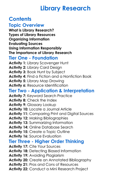 Library Research Worksheet Activity Booklet