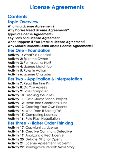 License Agreements Worksheet Activity Booklet