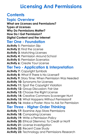 Licensing And Permissions Worksheet Activity Booklet