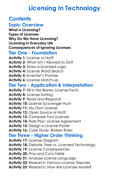Licensing In Technology Worksheet Activity Booklet