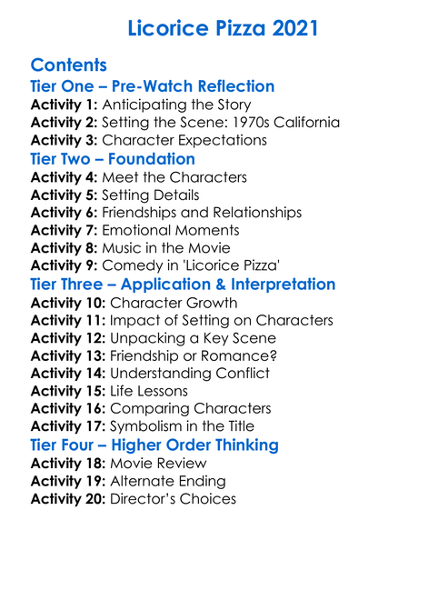 Licorice Pizza 2021 Worksheet Activity Booklet