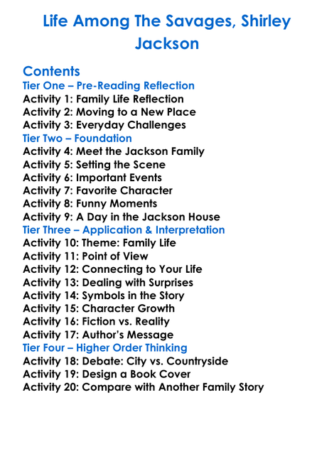 Life Among The Savages Shirley Jackson Worksheet Activity Booklet
