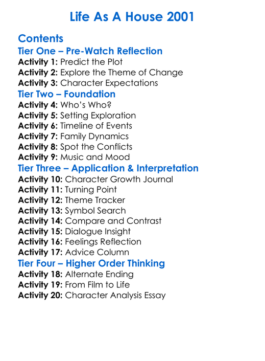 Life As A House 2001 Worksheet Activity Booklet