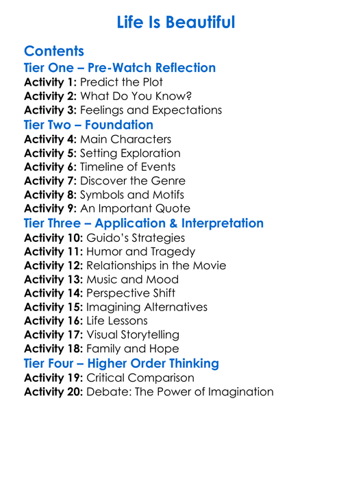 Life Is Beautiful Worksheet Activity Booklet