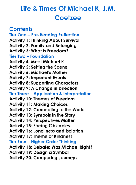 Life Times Of Michael K Jm Coetzee Worksheet Activity Booklet