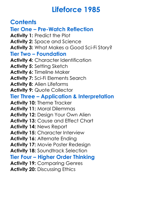 Lifeforce 1985 Worksheet Activity Booklet
