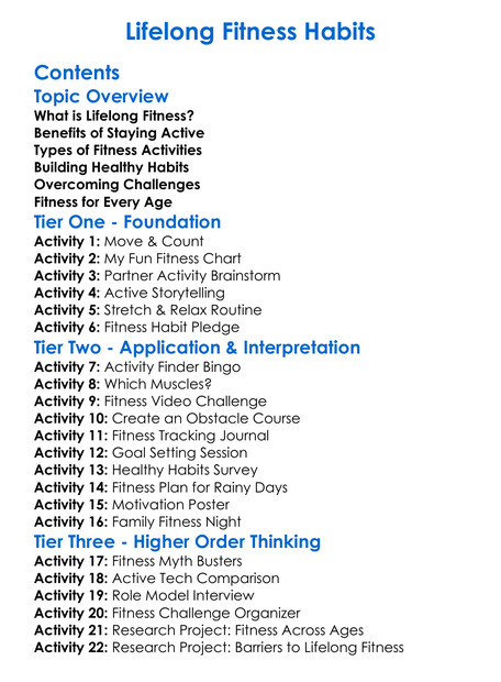Lifelong Fitness Habits Worksheet Activity Booklet