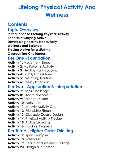 Lifelong Physical Activity And Wellness Worksheet Activity Booklet