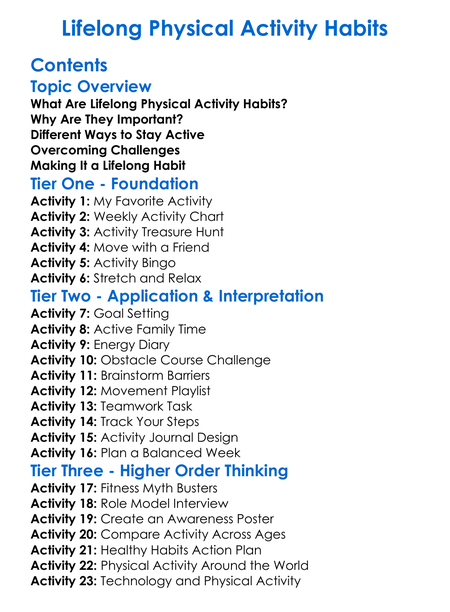 Lifelong Physical Activity Habits Worksheet Activity Booklet