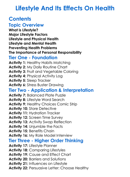 Lifestyle And Its Effects On Health Worksheet Activity Booklet