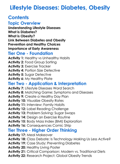 Lifestyle Diseases Diabetes Obesity Worksheet Activity Booklet