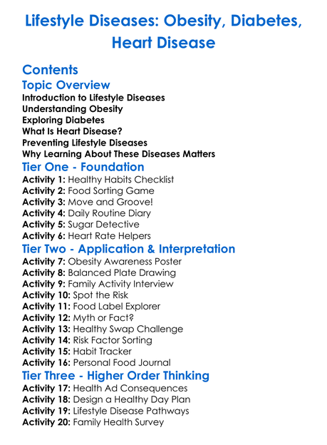 Lifestyle Diseases Obesity Diabetes Heart Disease Worksheet Activity Booklet