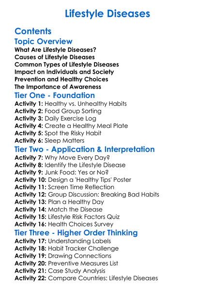 Lifestyle Diseases Worksheet Activity Booklet