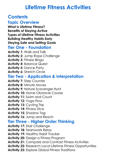 Lifetime Fitness Activities Worksheet Activity Booklet