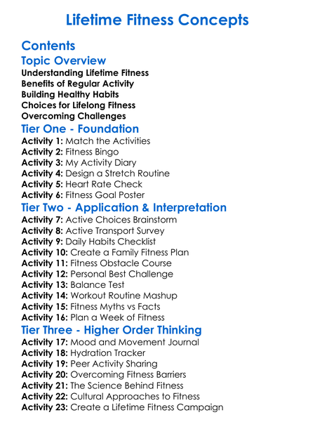 Lifetime Fitness Concepts Worksheet Activity Booklet