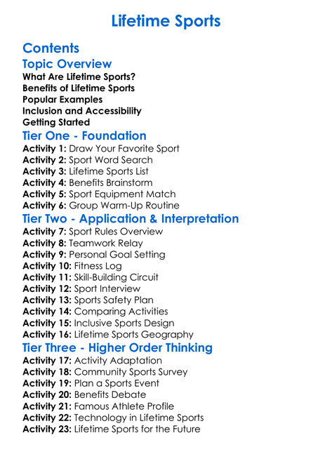 Lifetime Sports Worksheet Activity Booklet