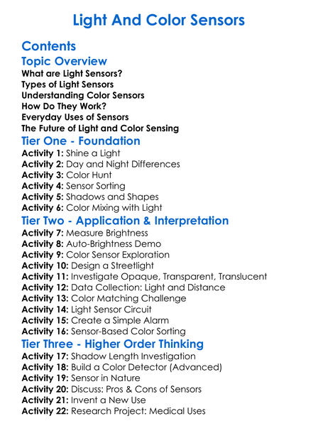 Light And Color Sensors Worksheet Activity Booklet
