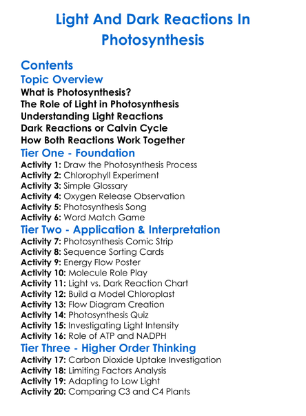 Light And Dark Reactions In Photosynthesis Worksheet Activity Booklet