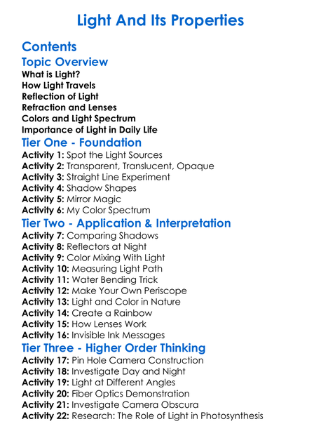 Light And Its Properties Worksheet Activity Booklet