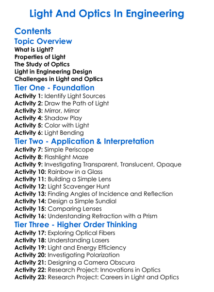 Light And Optics In Engineering Worksheet Activity Booklet