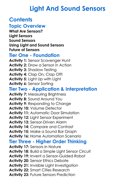 Light And Sound Sensors Worksheet Activity Booklet