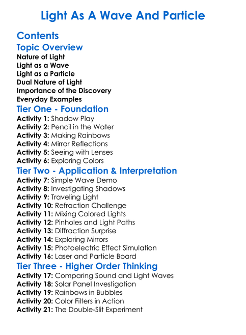 Light As A Wave And Particle Worksheet Activity Booklet