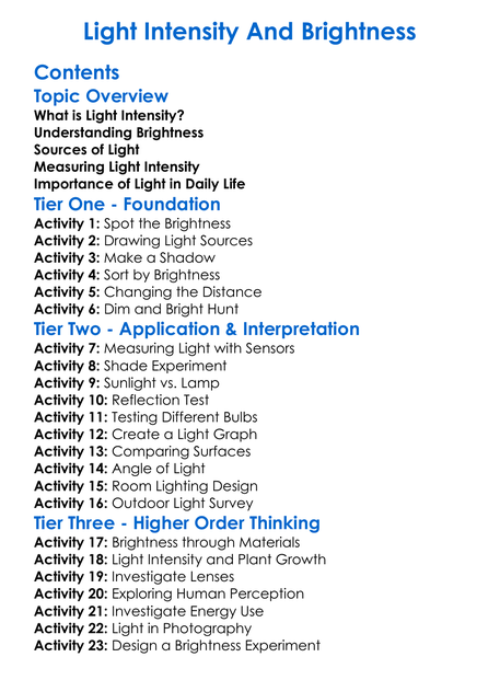Light Intensity And Brightness Worksheet Activity Booklet