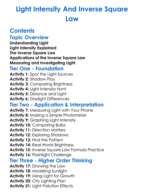 Light Intensity And Inverse Square Law Worksheet Activity Booklet