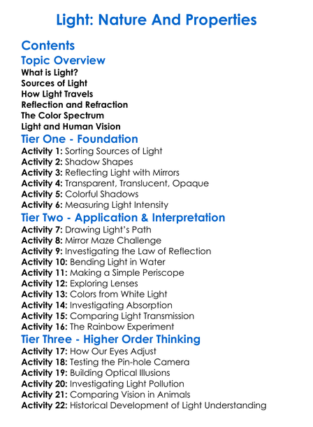 Light Nature And Properties Worksheet Activity Booklet