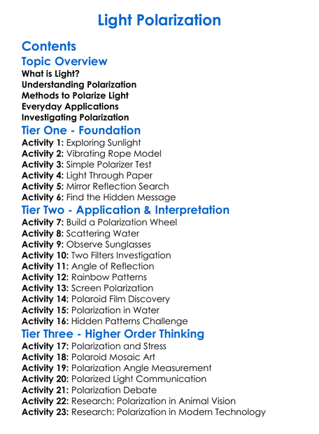 Light Polarization Worksheet Activity Booklet