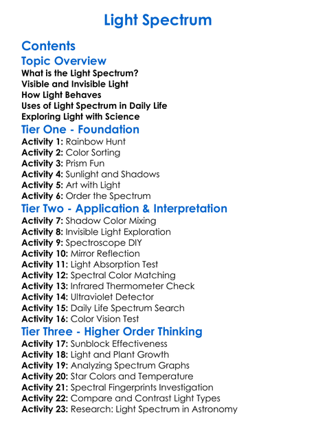 Light Spectrum Worksheet Activity Booklet