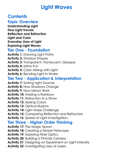 Light Waves Worksheet Activity Booklet