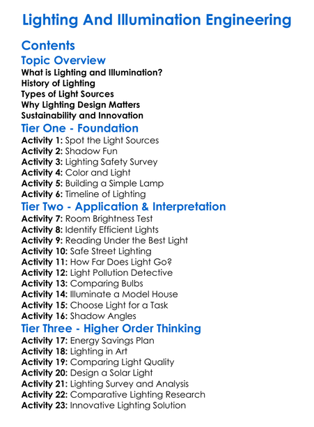 Lighting And Illumination Engineering Worksheet Activity Booklet