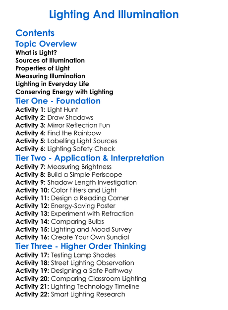 Lighting And Illumination Worksheet Activity Booklet