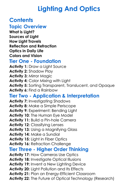 Lighting And Optics Worksheet Activity Booklet